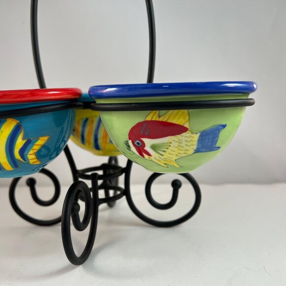 Fish Ceramic Condiment Sauce Holders Metal Fish Shaped Tidbit Caddy - Picture 11 of 16